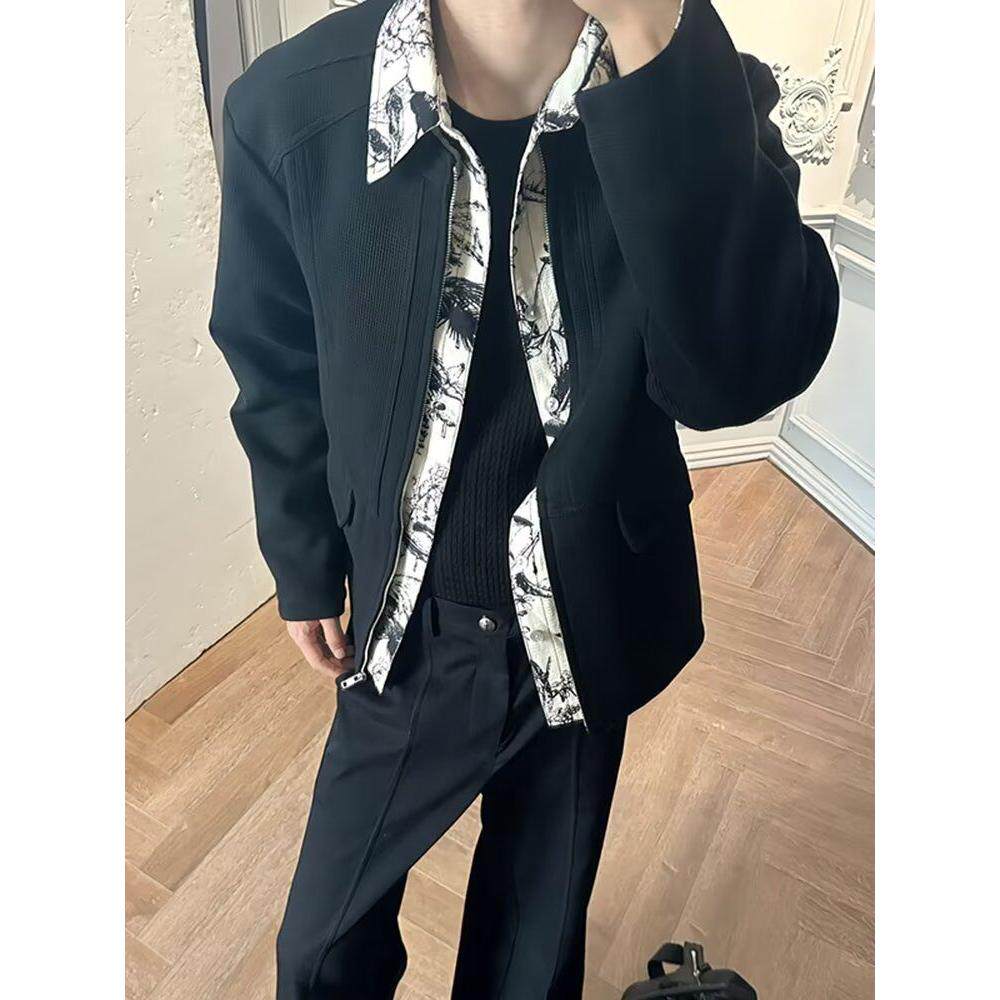 1506/QJ470/P76高级花里假两件衬衫拉链夹克上衣外套复古男图片