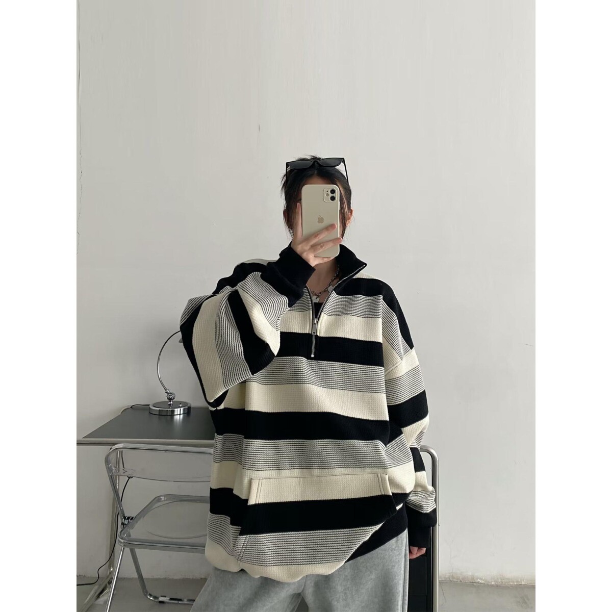 1506/Q88050/P56复古oversize条纹卫衣女秋季宽松bf长袖上衣,男装卫衣,星座1506