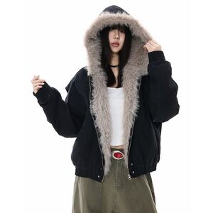 1506/QZSD010/P134冬季座山雕棉服帆布水洗男女毛领连帽短款棉衣图片