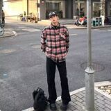 1506/QC590/P36美式复古黑粉拼接格子衬衫男女潮牌宽松刺绣衬衣，男装衬衫，星座1506
