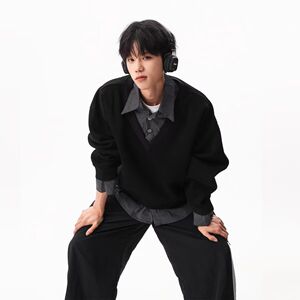 1506/Q13200/P48春秋美式潮牌假两件衬衫领卫衣男女重磅上衣2图片