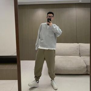 1506/Q88040/P46日系长袖卫衣男女宽松复古华夫格情侣T恤半拉链图片