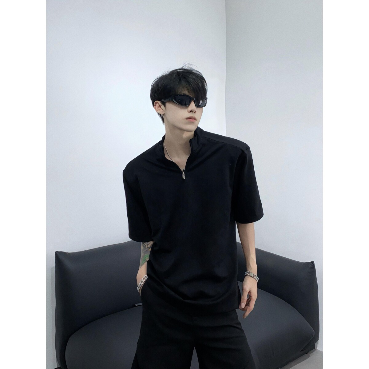 1506/QT170/P40美式高街半拉链短袖男夏季潮宽松t恤五分袖图片