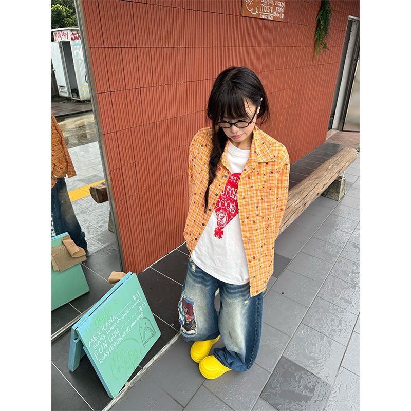 1506/Q22790/P48秋季格子休闲衬衫男女款美式百搭慵懒衬衣长袖,男装衬衫,星座1506