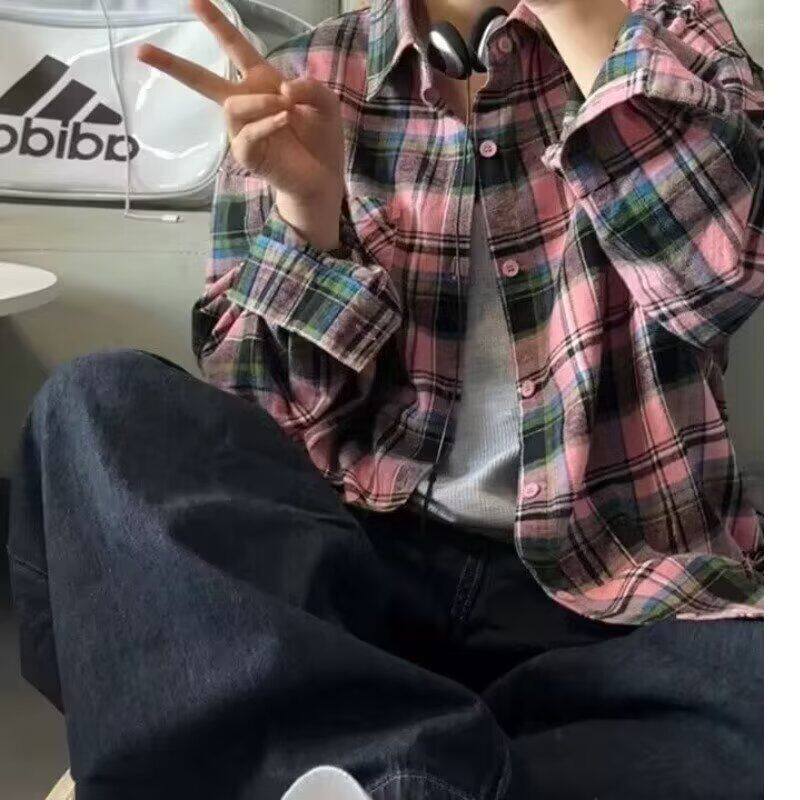 1506/QC590/P36休闲格子衬衫外套2025新款青少年男女款长袖衬衣图片