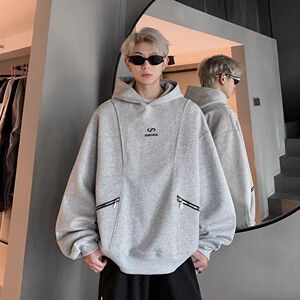 1506/QY230/P48男生白花灰连帽套头卫衣400g秋装青少年休闲宽松图片
