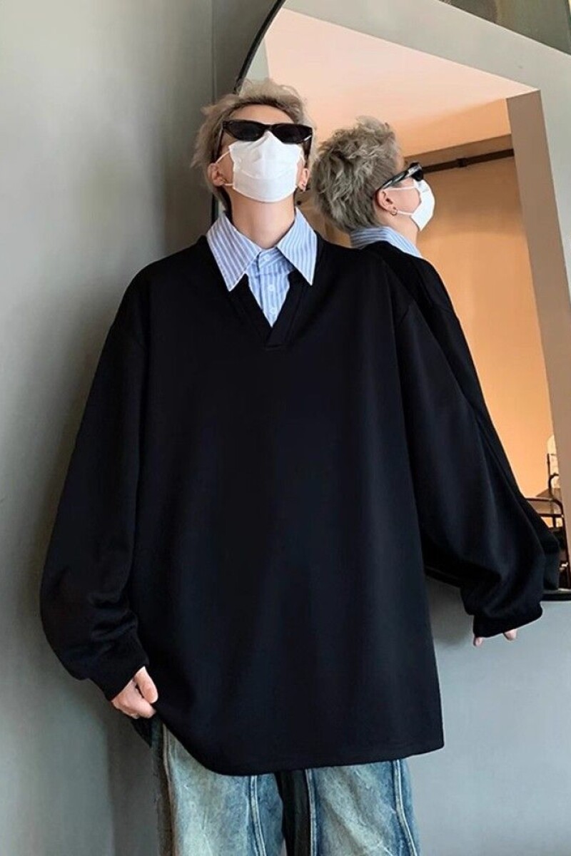 1506/Q82900/P44假两件拼接翻领卫衣男秋宽松情侣套头上衣2025年,男装卫衣,星座1506