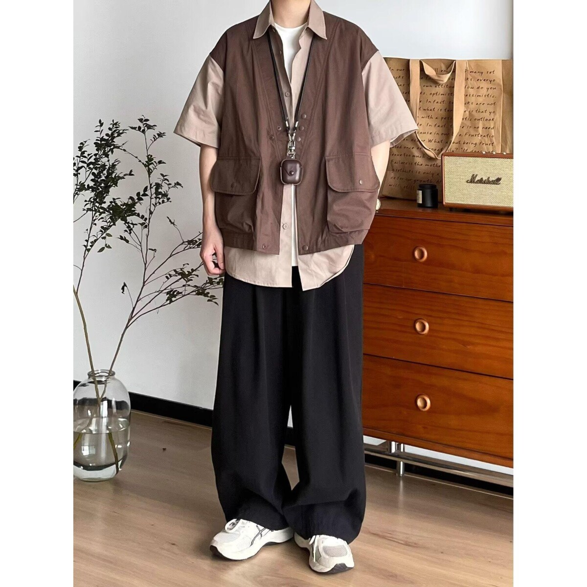1506/QJ390/P46日系男复古撞色拼接假两件工装短袖衬衫男女衬衣,男装T恤,星座1506