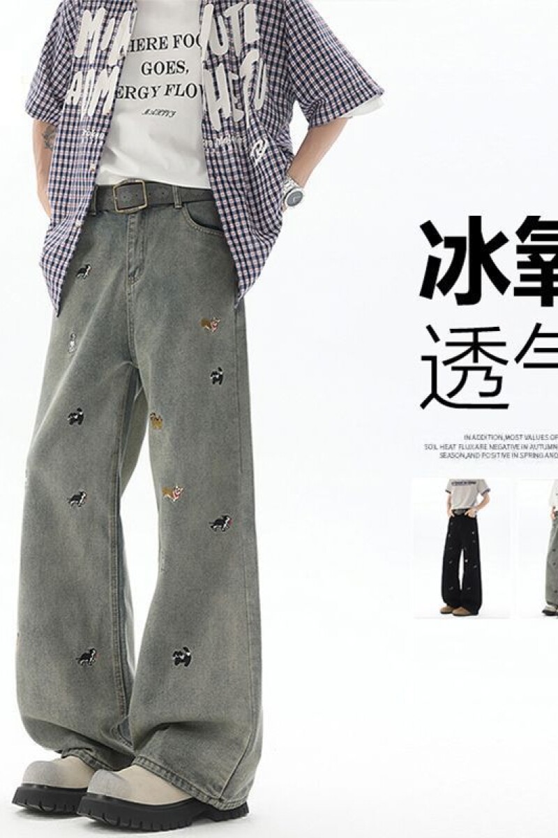 1506/Q286/P46棉致刺绣阔腿牛仔裤男女款夏潮牌宽松直筒拖地,男装牛仔裤,星座1506