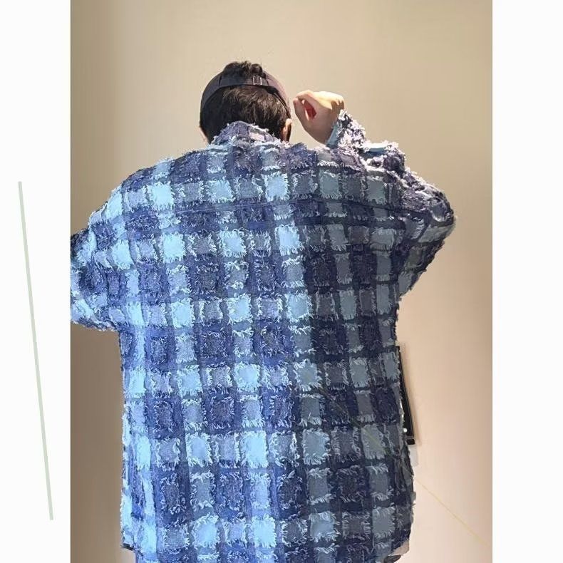 1506/QC840/P46流苏格纹小香风蓝色外套男宽松情侣夹克港风潮牌,男装夹克,星座1506
