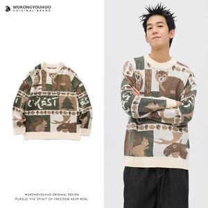 1506/QB0210/P44复古卡通图案毛衣男潮牌街头宽松情侣套头针织衫2图片