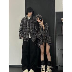1506/QJ060/P45复古扎染格子休闲长袖衬衫毛边男女秋季外套情侣装图片