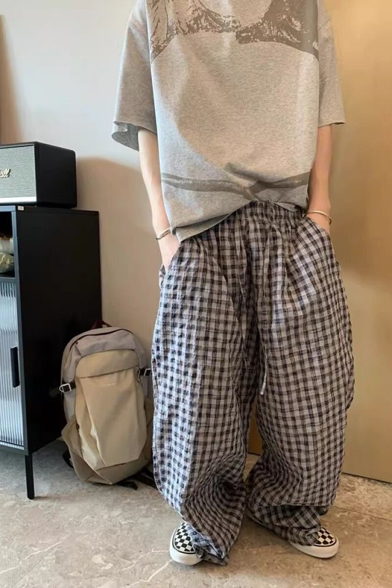1506/Q311/P50春夏美式复古格子弯刀休闲裤情侣宽松垂感直筒裤,男装休闲裤,星座1506