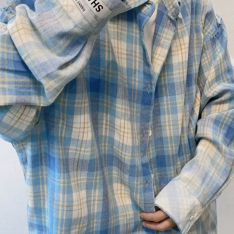 1506/QCS240/P32复古百搭水蓝色做旧毛边渐变印花格子长袖衬衫男,男装衬衫,星座1506