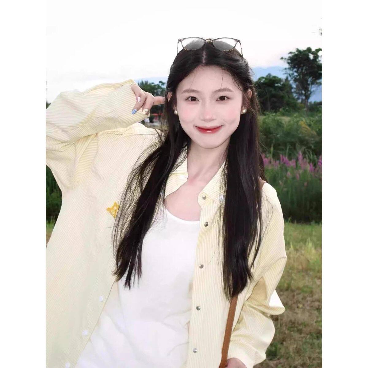 1506/QACS090/P41条纹衬衫女刺绣黄色衬衣宽松防晒外套多巴胺,女装衬衫,星座1506