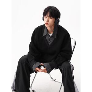 1506/Q13200/P48春秋美式潮牌假两件衬衫领卫衣男女重磅上衣2图片