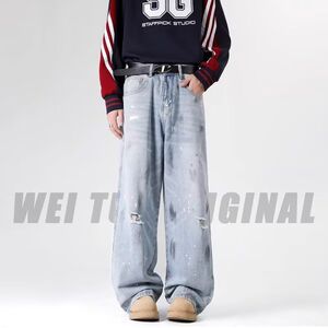 1506/QA1010/P52港风潮男夏季牛仔裤嘻哈ins潮高街潮流痞帅长裤图片