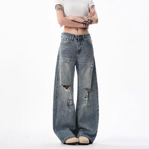 1506/Q282/P54美式高街破洞竹节做旧牛仔裤男女设计感微喇裤图片