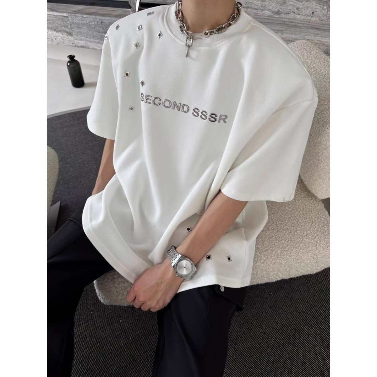 1506/QT3070/P42高街金属环短袖男女宽松小众t恤重磅半截袖穿搭1，男装T恤，星座1506