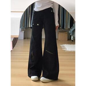 1506/Q60390/P46多口袋黑色工装微喇裤女显瘦美式马蹄长裤1