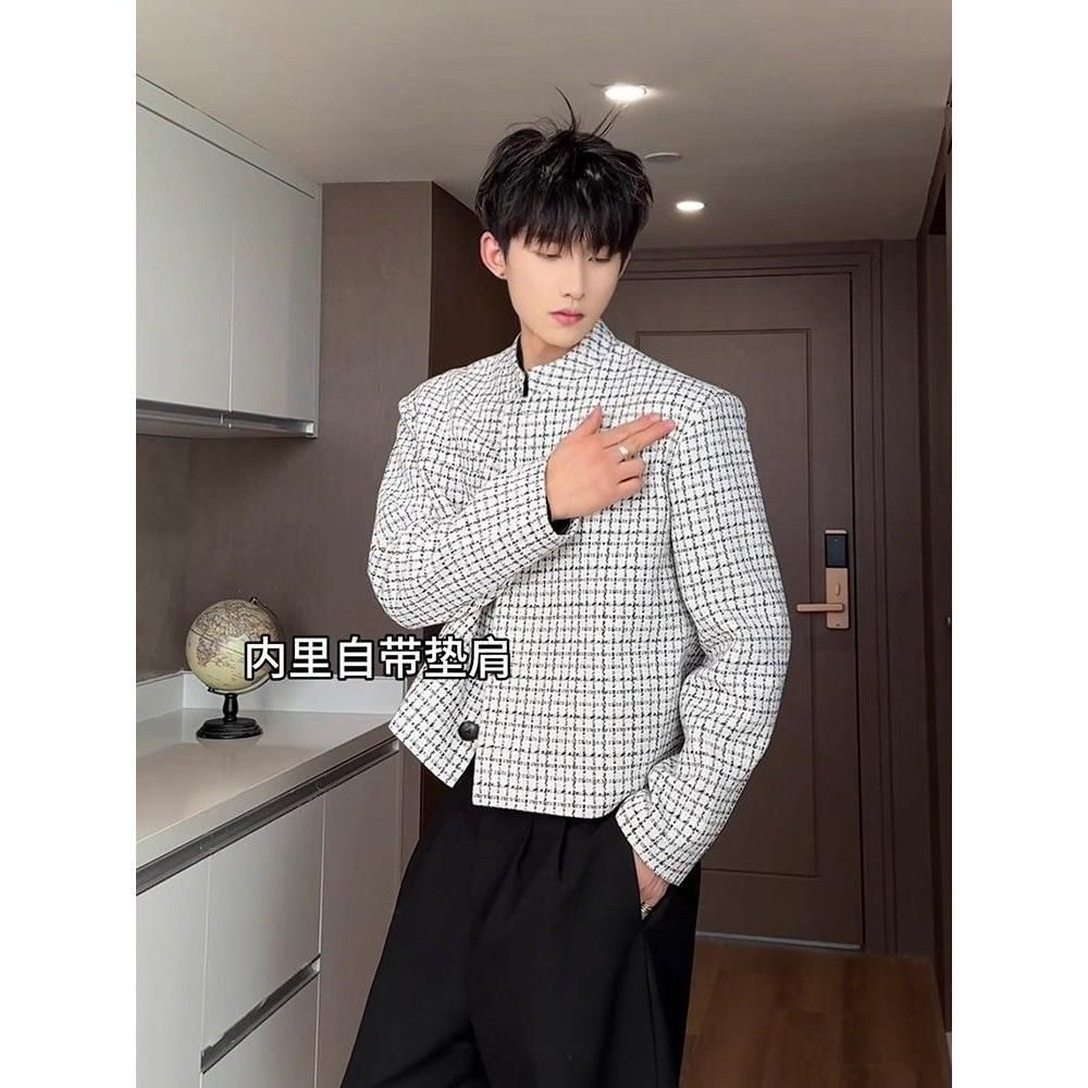1506/QJ4050/P62白色小香风西装外套男韩系夹克短款千鸟格西服,男装西服,星座1506