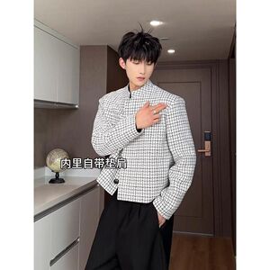 1506/QJ4050/P62白色小香风西装外套男韩系夹克短款千鸟格西服图片