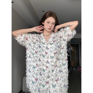 1506/Q288/P46潮情侣美式金属标流苏蝴蝶短袖衬衫宽松休闲衬衣图片