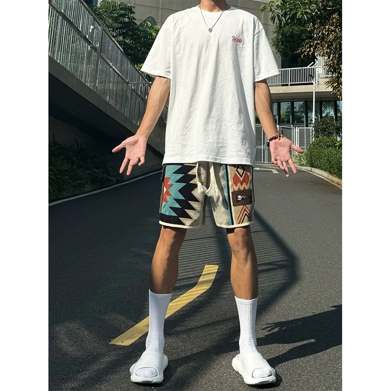 1506/QE5230/P59撞色瓦霍针织休闲短裤男夏季四五分裤美式潮牌，男装牛仔裤，星座1506
