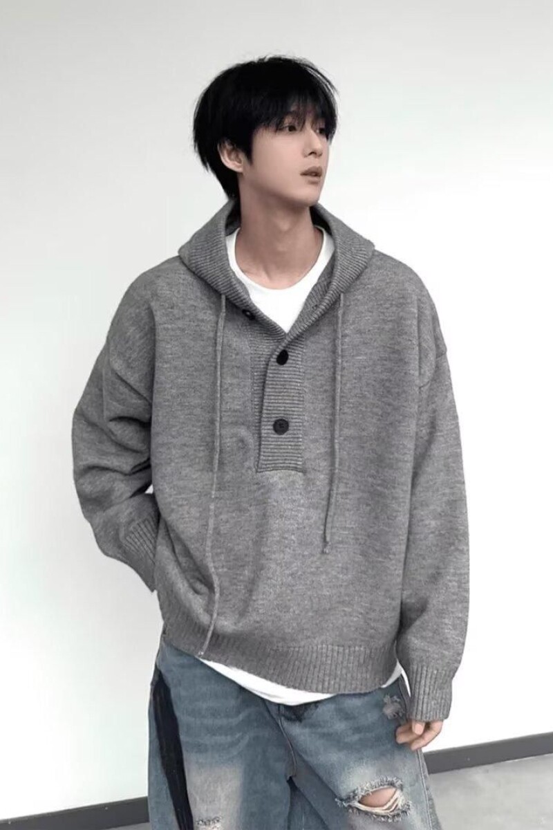 1506/QL1050/P57半开衫连帽纽扣毛衣男女秋冬宽松情侣针织衫外套,男装针织衫/毛衣,星座1506