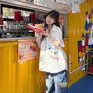 1506/Q82440/P42彩色波点刺绣短袖衬衫男女学院风百搭夏季减龄图片