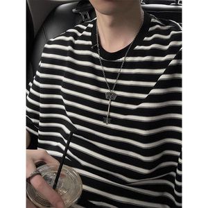 1506/Q295/P38黑白条纹短袖t恤男生夏季重磅潮牌宽松中袖体恤T图片