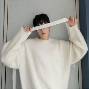 1506/QL0170/P53秋冬男友风加厚针织衫简约纯色圆领白色毛衣3图片