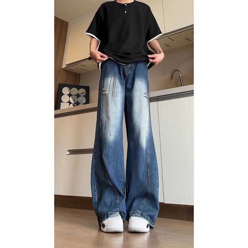 1506/Q280/P50美式高街破洞牛仔裤男款夏季宽松阔腿微喇直筒长裤,男装牛仔裤,星座1506