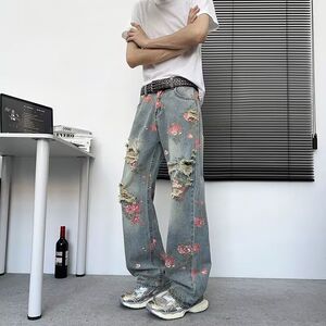 美式高街花卉破洞牛仔裤男痞帅高级感显瘦裤子cleanfit直筒微喇裤图片