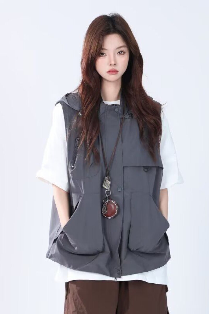 1506/Q264/P62日系户外战术机能多口袋工装马甲可拆卸连帽外套,女装马甲,星座1506