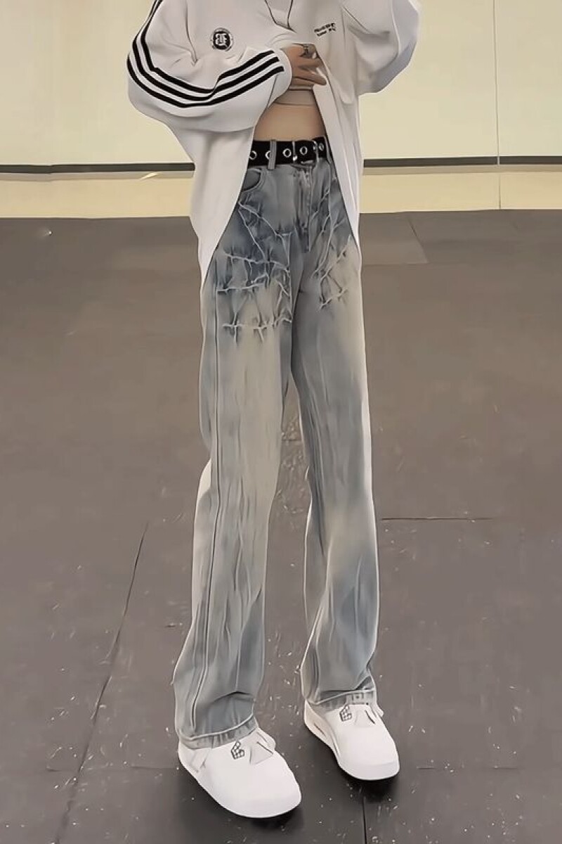 1506/QK650/P49浅蓝色闪电纹牛仔裤男秋季高街vibe裤子直筒微喇裤,男装牛仔裤,星座1506