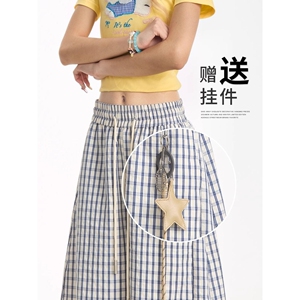 1506/Q90170/P50星星挂饰裤子夏季蓝格子直筒裤女垂感休闲阔腿裤图片