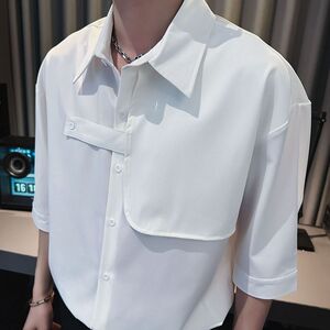 1506/QA67340/P39夏季薄款凉感男士痞帅休闲七分袖衬衫短袖衬衣图片