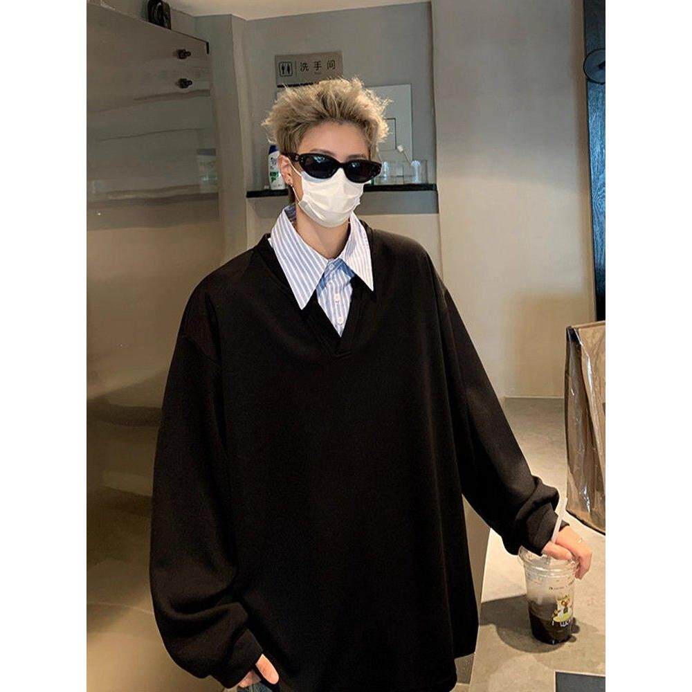 1506/Q82900/P44假两件拼接翻领卫衣男秋宽松情侣套头上衣2025年1,男装卫衣,星座1506