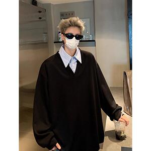 1506/Q82900/P44假两件拼接翻领卫衣男秋宽松情侣套头上衣2025年1图片