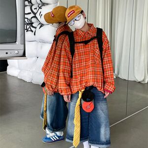 1506/Q22340/P36格纹长袖衬衫男女休闲宽松秋情侣百搭宽松衬衣男图片