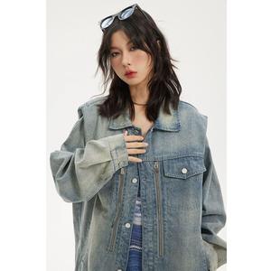 1506/Q273/P59美式水洗牛仔夹克男女小众垫肩设计百搭外套潮图片
