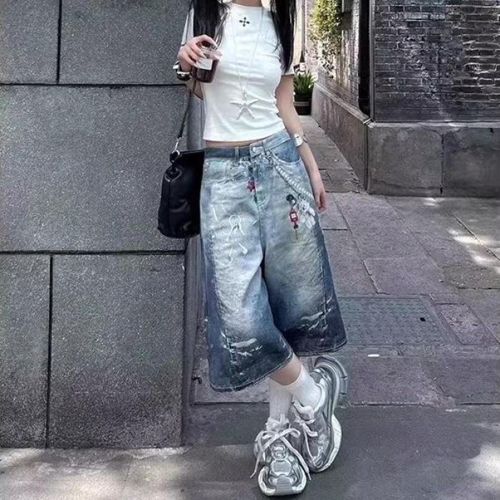 1506/QB1610/P54美式3D打印挂链七分牛仔裤男女宽松阔腿中短裤,男装牛仔裤,星座1506