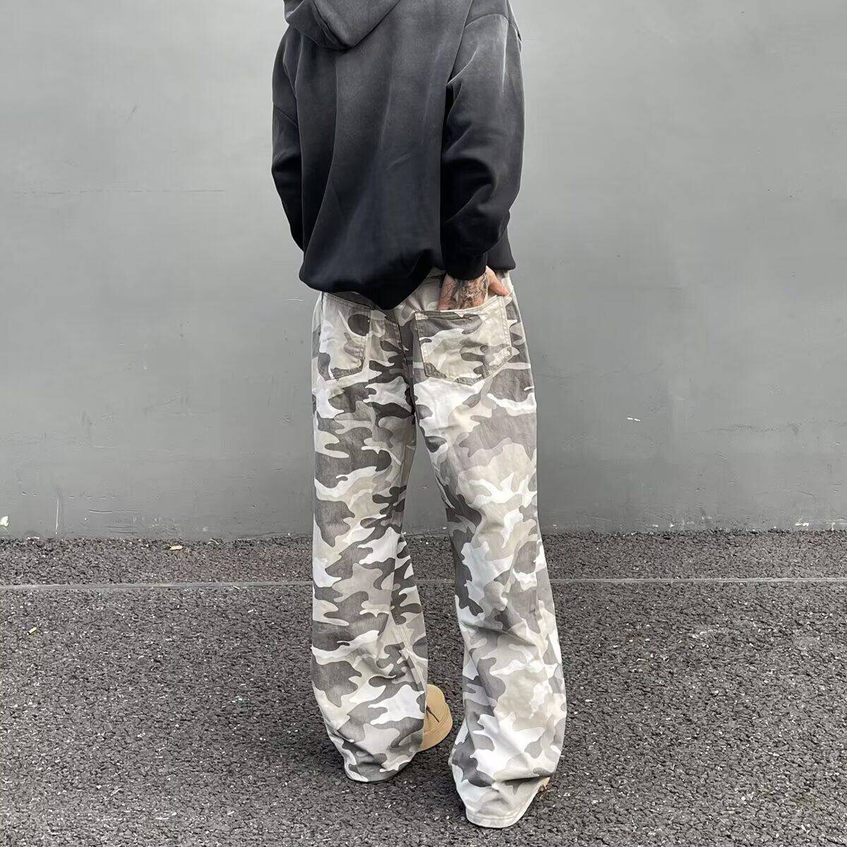 1506/QK11550/P43街头风灰白迷彩工装牛仔裤男直筒拖地裤2025年,男装牛仔裤,星座1506