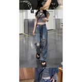 1506/Q302/P45复古破洞牛仔裤女夏高腰大码胖MM宽松拖地长裤子，男装牛仔裤，星座1506