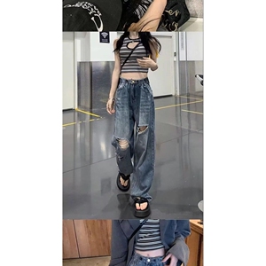 1506/Q302/P45复古破洞牛仔裤女夏高腰大码胖MM宽松拖地长裤子图片