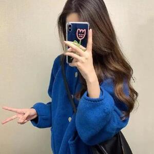 1506/QH280/P59小众灯笼袖针织开衫女秋冬克莱因蓝宽松毛衣1图片