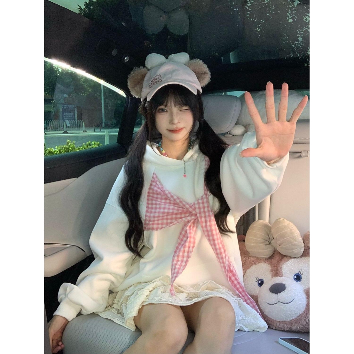 1506/Q10130/P52美式学院风蝴蝶结绑带连帽卫衣女多巴胺宽松上衣，男装卫衣，星座1506