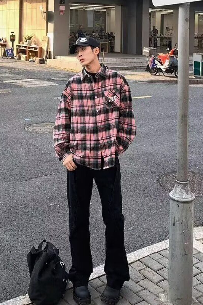 1506/QC590/P36美式复古黑粉拼接格子衬衫男女潮牌宽松刺绣衬衣,男装衬衫,星座1506