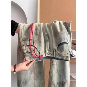 1506/QB31530/P58水洗做旧脏染廓形弯刀牛仔裤潮牌男1图片